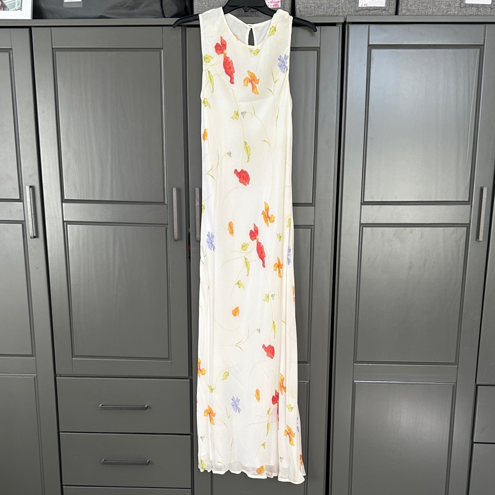 Floral Sleeveless Maxi Dress - White with Multicolor Accents